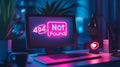 A computer screen is illuminated with a bright neon 404 not found error Royalty Free Stock Photo