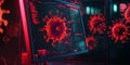 Computer screen infected with a virus, glitching with red warning symbols and distorted data