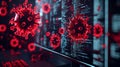 Computer screen infected with a virus, glitching with red warning symbols and distorted data