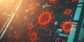 Computer screen infected with a virus, glitching with red warning symbols and distorted data