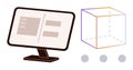 Computer screen with interface next to a transparent 3D cube and three dots below Royalty Free Stock Photo