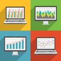 Computer screen and laptop flat design icons with financial charts and graphs Royalty Free Stock Photo