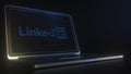 Computer screen with the logo of LINKEDIN made with source code. Editorial conceptual 3d rendering