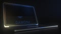 Computer screen with the logo of DANONE made with source code. Editorial conceptual 3d animation