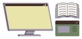 Computer screen, open book, and popup window symbolizing digital learning and online resources Royalty Free Stock Photo