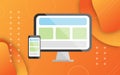 Computer screen and phone on orange background, vector illustration Royalty Free Stock Photo
