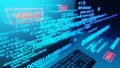 Computer screen with programming code, concept of computer security, malware, virus or hacker attack. 3d illustration. Royalty Free Stock Photo