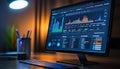 A computer screen showing data graphs and charts on a desk with keyboard near Royalty Free Stock Photo
