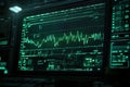 Computer screen showing fluctuating graph and various data in futuristic monitoring center