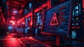 Computer screen shows cyber alert in server room. Red warning triangle with question mark highlights digital security issue. Dim