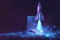 A computer screen shows a rocket launching into space generated by AI Royalty Free Stock Photo