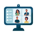 Computer screen with video conference of colleagues or communication of friends. Four people, two women, two men communicate