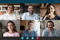 Happy multiracial millennial friends are communicating distantly. Royalty Free Stock Photo