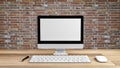 Computer screen white With a keyboard and a pen and a mouse on a wooden table with a brick patterned flap background. 3d render of Royalty Free Stock Photo