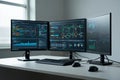 Multiple computer monitors displaying data graphs and code, representing technology and analytics setup Royalty Free Stock Photo