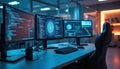 Computer screens display code, AI graphics in modern office workspace. Futuristic technology setup with multiple monitors, Royalty Free Stock Photo