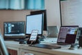 Computer screens running programming code in empty software developing agency office and computers parsing data