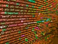 Computer script coding source code on desktop monitor. HTML5. Real css code developing screen. Blue background color, white text