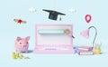 Computer with search bar,magnifying,hat graduation,money coins,diploma rolled,piggy bank saving isolated on blue background.