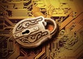 Computer security concept. Old padlock on yellow computer circuit board Royalty Free Stock Photo