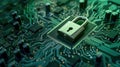 Computer security concept. Padlock on green computer circuit board Royalty Free Stock Photo