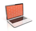 Computer security, firewall 3d concept, brick wall protecting laptop