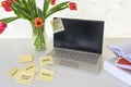 Computer security, laptop with various sticky password notes on a white desk, concept for safety in home office, business or study Royalty Free Stock Photo
