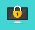 Computer security vector illustration, flat cartoon desktop pc with closed lock, concept of firewall protection, privacy