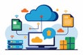 A computer sends files to cloud storage, shown through icons and digital elements illustrating data transfer, Move data to cloud Royalty Free Stock Photo
