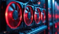Computer server cooling fans glow red inside dark rack. Multiple gpu units spin fast with neon blue lights. High performance tech Royalty Free Stock Photo