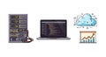 Data infrastructure illustration showing servers, cloud computing, programming, and analytics. Royalty Free Stock Photo