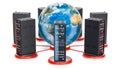 Computer Server Racks around the Earth Globe. 3D rendering Royalty Free Stock Photo