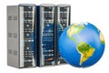 Computer Server Racks with Earth Globe. Global internet concept, 3D rendering Royalty Free Stock Photo