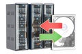 Computer Server Racks with green and red arrows, synchronization Royalty Free Stock Photo