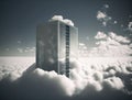 A computer server rising over clouds like a skyscraper, symbolizing the limitless potential of cloud computing. Generative AI Royalty Free Stock Photo