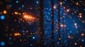 A computer server room with a blue background and orange lights. The lights are on and the room is filled with a bright, energetic Royalty Free Stock Photo