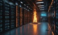 computer server room with rows black cabinets and large orange fire burning in the center, illuminated by Royalty Free Stock Photo