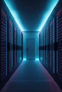 Computer servers with blue lights in server farm, created using generative ai technology Royalty Free Stock Photo