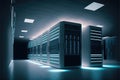 Computer servers with blue lights in server farm, created using generative ai technology Royalty Free Stock Photo