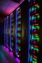 Computer servers with glowing lights in server farm, created using generative ai technology Royalty Free Stock Photo