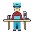 Computer service, geek, specialist, pc enigneer flat line illustration, concept vector isolated icon Royalty Free Stock Photo