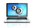 Computer service, laptop with gears 3d rendering Royalty Free Stock Photo