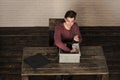 Computer service. smiling man fix computer device or printer Royalty Free Stock Photo