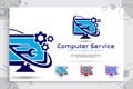 Computer service vector logo with simple concept designs, illustration of monitor , cog , and wrench as a symbol icon of digital