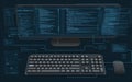 Computer setup displaying programming code and digital interface elements in a modern workspace Royalty Free Stock Photo