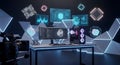 Computer setup with multiple screens displaying data visualizations and programming code, surrounded by floating geometric shapes Royalty Free Stock Photo