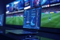 Computer setup with multiple screens displaying live football match statistics and betting odds Royalty Free Stock Photo