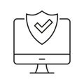 Computer With Shield And Checkmark Line Icon. Cybersecurity, Data Protection, And Secure Browsing Outline Symbol Royalty Free Stock Photo