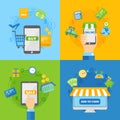 Computer shopping concepts of online payment methods flat design vector illustration.