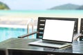 Computer showing blank screen on table beauty beach backg Royalty Free Stock Photo